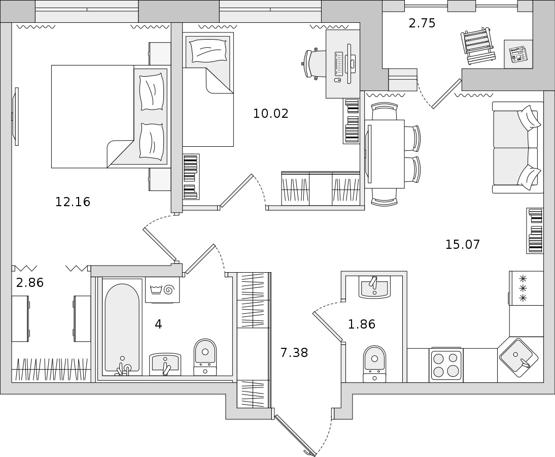 2-комнатная квартира 53.35 м², 16/17 эт., ЖК «Мурино Space»